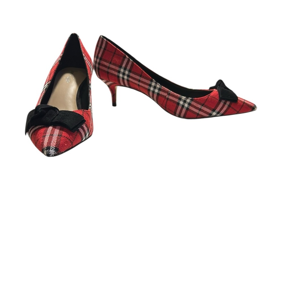 Lord & Taylor Red Plaid Pointed-Toe Kitten Heels with Black Bow